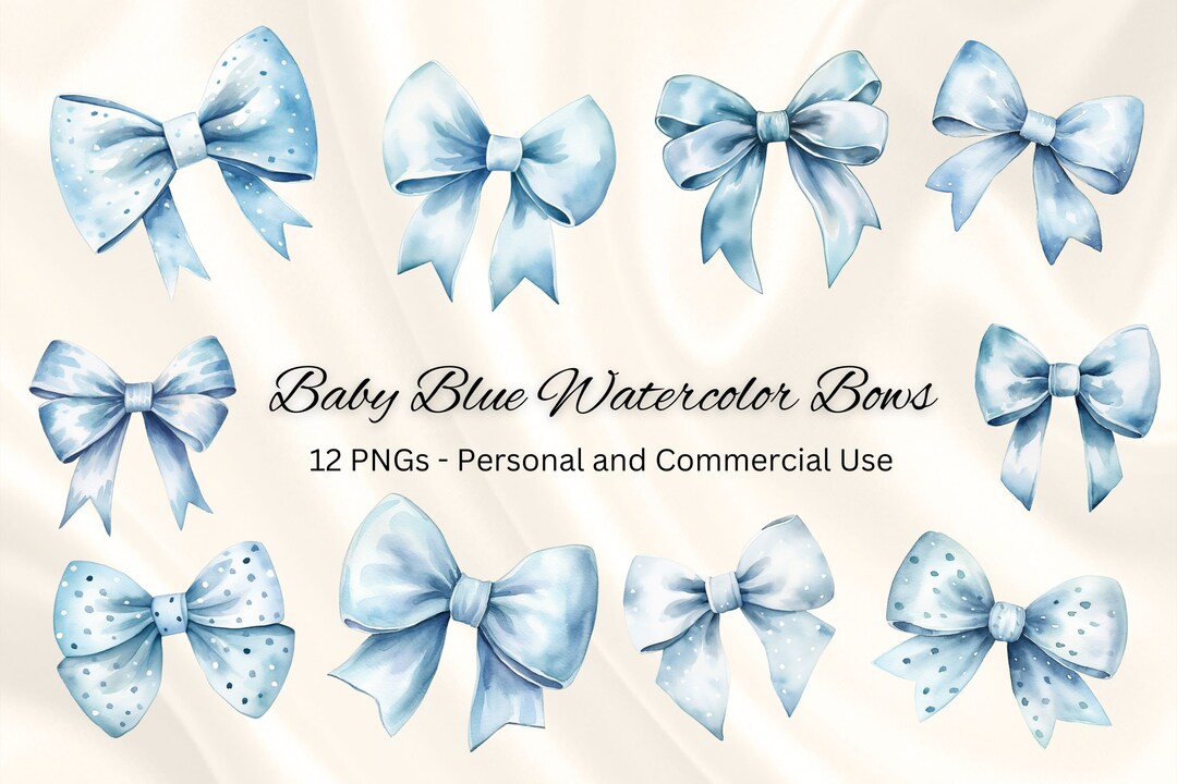 Watercolor Baby Blue Bows Clipart, Handdrawn Pastel Bows and Ribbons
