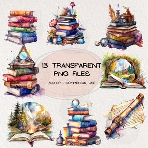 Watercolour Fantasy books clipart, magical books clipart, Fairytale books Clipart, library books clipart, Digital Paper Craft, Set of 13