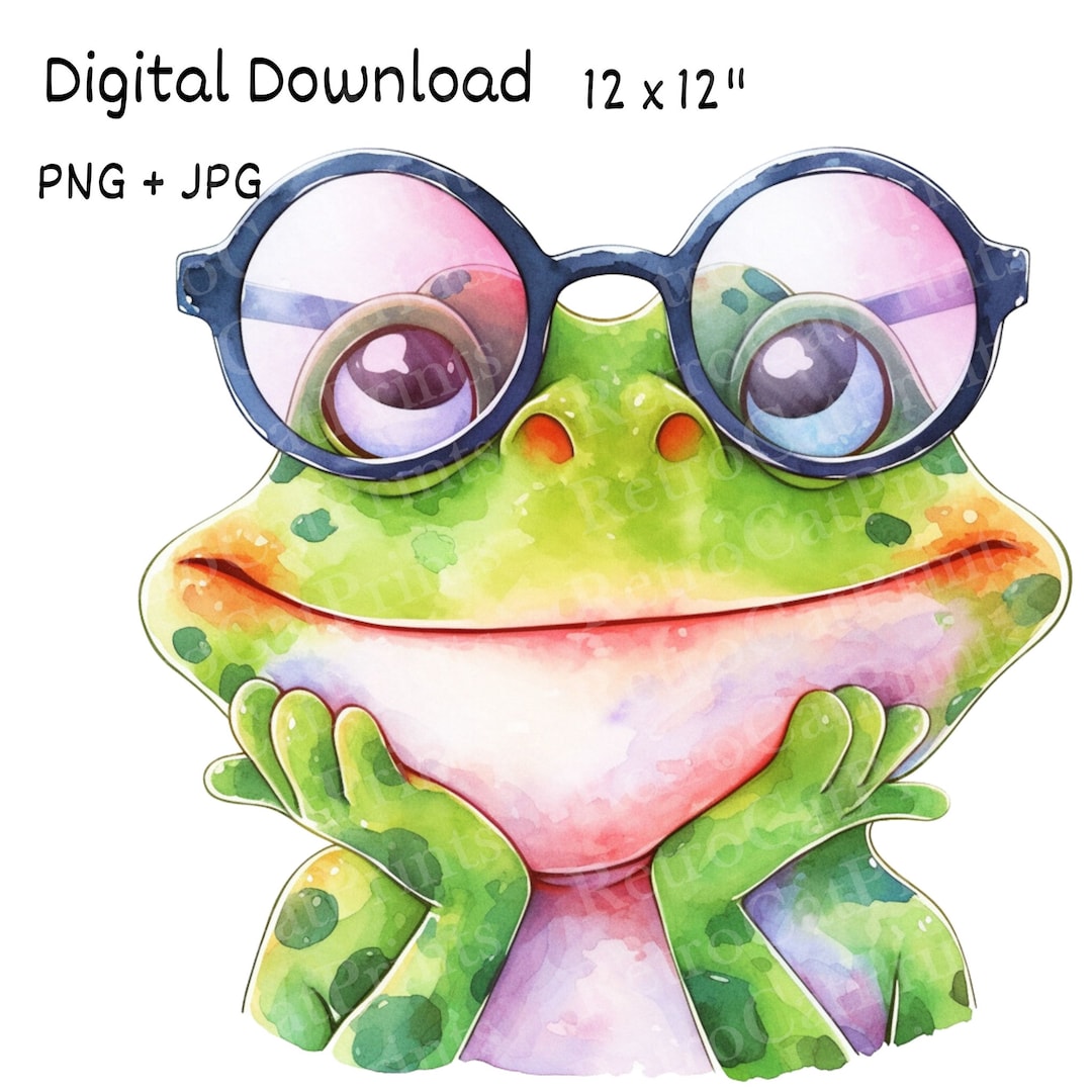 Cute Watercolor Frog With Glasses, Frog Clipart, Frog PNG & JPG, Cute