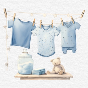 Clipart acquerello di vestiti per neonati disegnati a mano, clipart neonato, decorazioni per cameretta per neonati, clipart stendibiancheria per neonati SET di 9