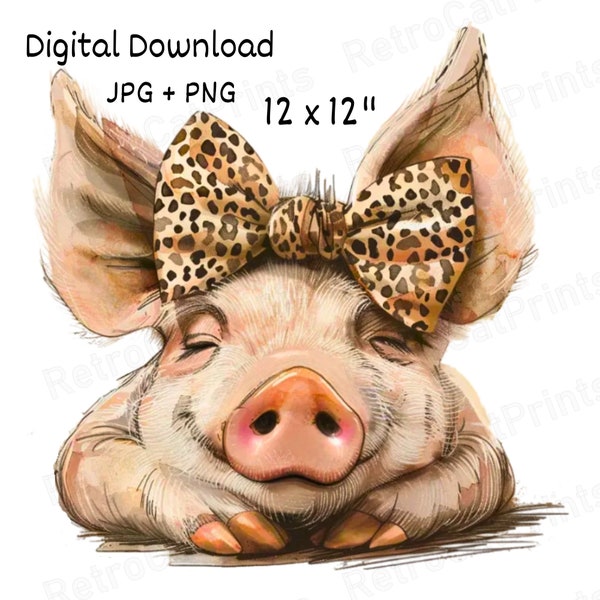 Farm Pig Watercolor Clipart, Cute Farm Pig Leopard Bow, Pig PNG Commercial Use Piglet Baby Pig Farm Graphic Design, Cute Pig Sublimation