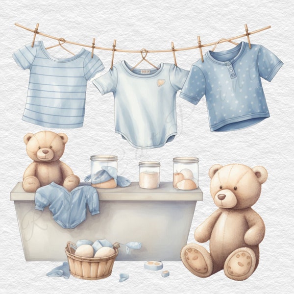 Handdrawn Baby clothes watercolor clipart, newborn boy clip art, baby boy nursery decor, Baby Boy washing line clipart SET of 9, teddies png