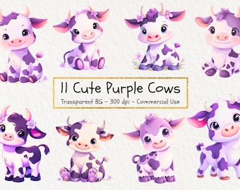 Conjunto de imágenes prediseñadas de vaca morada, imágenes prediseñadas de vacas Milka, vaca linda PNG, archivo de sublimación de vaca, diseño digital de vaca PNG, diseño de vaca PNG, conjunto de 11 diseños
