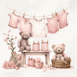 Handdrawn Baby clothes watercolor clipart, newborn baby girl clip art, baby girl nursery decor, Baby girl washing line clipart SET of 7