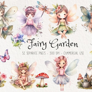 Fairy Garden Watercolor Clipart. Enchanted Forest Digital Download, Gnomes Clipart, Dainty Fairies Clipart, Soft Pastel Fairy Garden Clipart