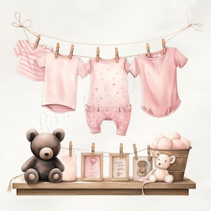 Handdrawn Baby clothes watercolor clipart, newborn baby girl clip art, baby girl nursery decor, Baby girl washing line clipart SET of 7