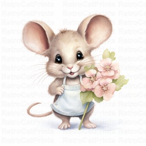 Muis met bloemen Clipart - 13 hoge kwaliteit JPG's - Digitale download - Kaarten maken, Mixed media, Scrapbooking, Muizen Digital Paper Craft