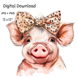 Farm Pig Watercolor Clipart, Cute Farm Pig Leopard Bow, Pig PNG Commercial Use Piglet Baby Pig Farm Graphic Design, Cute Pig Sublimation
