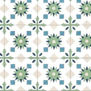 May include: A repeating pattern of square tiles with a decorative design. The design features a combination of light green, blue, and off-white geometric shapes, including starbursts, squares, and diamond shapes, set against a white background.