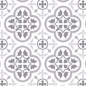 May include: A repeating pattern featuring gray quatrefoil shapes with intricate leaf motifs centered within rounded frames, alternating with smaller circular medallions containing a cross design on a solid white background.