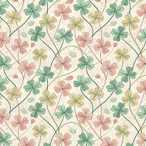 May include: A repeating pattern of stylized four-leaf clovers in shades of green, pink, and yellow, connected by curving stems. The background is a textured, off-white color, with small leaves and buds scattered throughout.