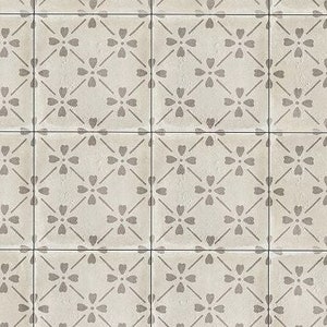 May include: A close-up of a tiled surface with a repeating pattern of gray flowers on a light gray background.