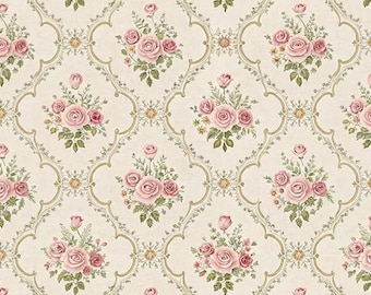May include: A repeating wallpaper pattern featuring bouquets of pink roses and green leaves arranged within a beige, scalloped, gold-outlined trellis design. The background is a light cream color with small, intricate floral accents.