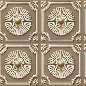 May include: A repeating pattern of square ceiling tiles featuring a central white sunburst medallion with a gold circular center. The tiles have a beige background, white raised borders, and small white fan-shaped corner accents.