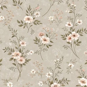 May include: A repeating floral pattern featuring white and peach flowers with green leaves and stems. The design is set against a neutral, textured background. The overall effect is soft and natural, suitable for various applications.