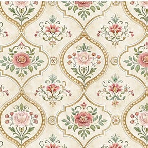 1/6 1/12 1/24 Dollhouse Pale Victorian & Rococo Red Floral Wallpaper Beige Background Seamless - DIGITAL Printable Instant Download