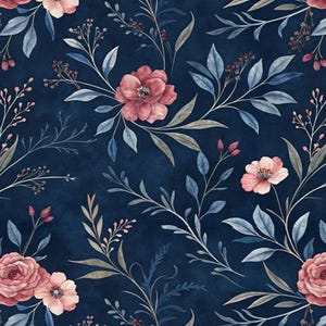 1/6 1/12 1/24 Dollhouse  Pink Rose & Blue Leaf Pattern Floral on Navy Wallpapers Seamless - DIGITAL Printable Instant Download