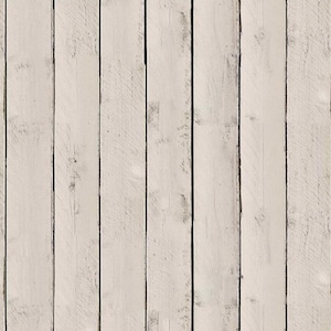 May include: A close-up of a white painted wood panel with vertical planks. The wood has a rustic, weathered look.