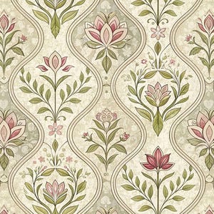May include: A repeating wallpaper pattern featuring a cream-colored background with vertical wavy lines forming elongated ovals. Inside the ovals are symmetrical floral arrangements with pink lotus-like flowers and green leaves on thin stems.