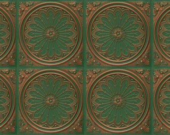 May include: A repeating square wall tile pattern featuring a deep green background with embossed copper-coloured circular medallions. Each medallion displays a central floral motif with radiating petals and intricate corner scrollwork details.
