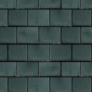 Puede incluir: Primer plano de una pared cubierta con tejas de pizarra verde oscuro. Las tejas están dispuestas en forma de espiga, creando una superficie texturizada.