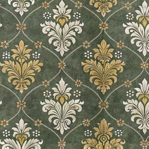 1/6 1/12 1/24 poppenhuis vintage barok damast goud witte bloemen behang groene achtergrond - digitale afdrukbare instant download