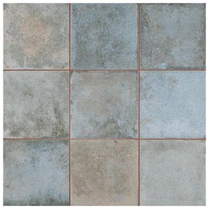 May include: Nine square tiles with a distressed, mottled appearance. The tiles are primarily shades of blue and gray, with some areas showing hints of beige. Each tile is outlined with a thin, reddish-brown border, creating a grid pattern.