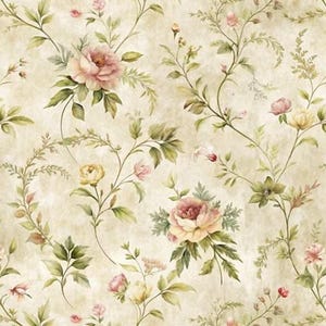 May include: A vintage floral wallpaper pattern with a cream background and delicate green vines with pink and yellow flowers.