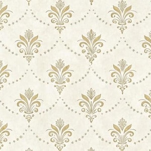 May include: Cream wallpaper featuring a repeating pattern of gold floral designs and dotted lines. The design includes stylized flowers and leaves in a symmetrical, ornate style, creating a classic, elegant appearance.