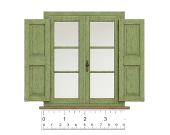 1/12 1/24 1/48 Dollhouse Miniature Rustic Aged Damaged Green Wooden Window with Shutters Printable PDF | Instant Download