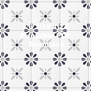 Azulejo de cerámica vintage negro con estampado floral para casa de muñecas, sin juntas, escalas 1/6, 1/12 y 1/24, para cocina y baño en miniatura, estilo retro, imprimible en PDF.