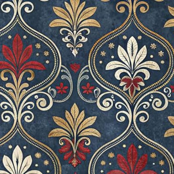 1/6 1/12 1/24 Dollhouse Vintage Red Gold Floral Baroque Wallpaper Navy Blue Background Seamless Printable PDF - DIGITAL Instant Download