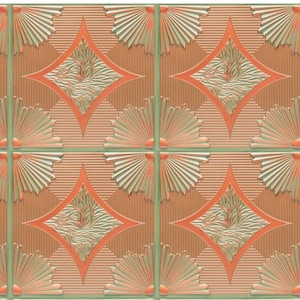 May include: A decorative ceiling tile with a repeating pattern of green and orange geometric shapes. The tile has a raised, textured surface.