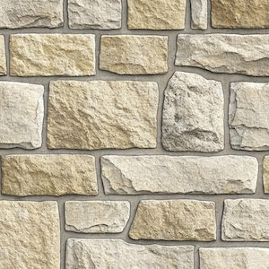 Puede incluir: Primer plano de un muro de piedra con una variedad de piedras rectangulares e irregulares. Las piedras son principalmente beige y tostadas, con algunos tonos grises. La lechada entre las piedras es de color gris medio.