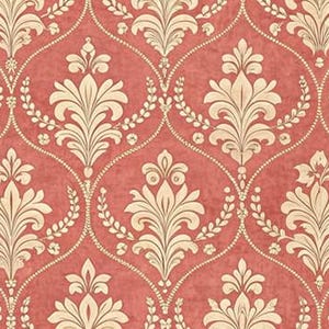 Peut inclure: Papier peint damassé rouge et crème avec un motif floral répétitif. Le motif présente de grandes fleurs et feuilles stylisées dans un cadre ovale, reliées par des lignes pointillées et de petits motifs floraux.