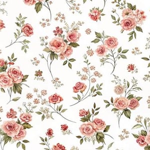 1/6 1/12 Dollhouse Vintage Old Pale Matte Pink Rose white Background Floral Pattern Wallpapers Seamless - DIGITAL Printable Instant Download