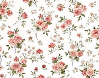 1/6 1/12 Dockhus Vintage Ljus Matt Rosa Ros Blommönster Tapet Vit Bakgrund Sömlös - DIGITAL Utskrivbar Direktnedladdning