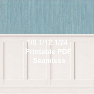 Op de afbeelding: Een digitale afbeelding met een wit lambriseringontwerp met vier rechthoekige panelen. Boven de lambrisering bevindt zich een getextureerde, lichtblauwe muur. De tekst "1/6 1/12 1/24 Printable PDF Seamless" wordt weergegeven op de lambrisering.