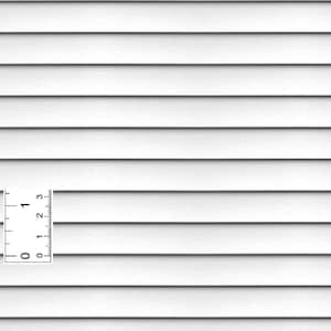 May include: Close-up of white horizontal siding with a ruler on the left side. The siding has a textured surface and is made of horizontal planks. The ruler shows measurements in inches.