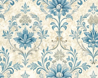 Puede incluir: Papel pintado con un patrón de damasco repetitivo con motivos florales azules y hojas de acanto sobre un fondo de color crema texturizado. El diseño incluye arreglos simétricos de flores y follaje estilizados.