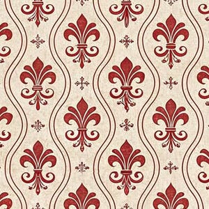 May include: A repeating pattern featuring a cream-colored background with a design of red fleur-de-lis and wavy lines. Small cross-like shapes are interspersed throughout the design. The pattern is suitable for wallpaper or fabric.