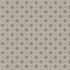 Op de afbeelding: Een herhalend patroon van kleine, gestileerde bloemmotieven in een ruitvormig raster. Het ontwerp heeft een gedempt kleurenpalet van beige, grijs en bruin, waardoor een vintage of klassieke esthetiek ontstaat. Het patroon is geschikt voor behang of stof.