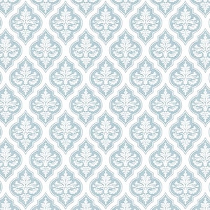 May include: A repeating pattern of light blue and white floral damask designs. The pattern features a symmetrical arrangement of stylized floral motifs within a rounded, shield-like shape, creating a classic, elegant aesthetic.