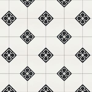 May include: A repeating pattern of square tiles with a white background and black diamond-shaped designs. Each diamond features a symmetrical, ornate black floral motif, creating a classic, geometric aesthetic. The tiles are separated by thin gray lines.