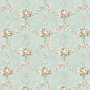 May include: A repeating pattern of pink roses and green leaves on a light blue background. The floral design is arranged in a decorative, symmetrical layout, creating a vintage or romantic aesthetic. The pattern is suitable for wallpaper or fabric.