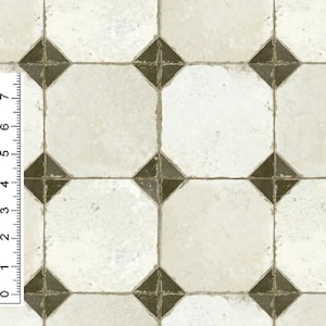 Op de afbeelding: Een close-up van een witte en zwarte betegelde vloer met een liniaal in de linkerhoek. De tegels zijn vierkant met een zwarte ruit in het midden van elke tegel.