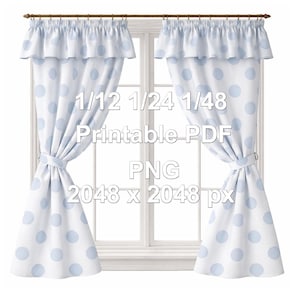 May include: White and light blue polka dot curtains with matching valances. The curtains are tied back with fabric ties and hang in front of a white window. The image includes the text: 1/12 1/24 1/48 Printable PDF PNG 2048 x 2048 px.