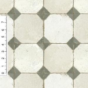 Puede incluir: Primer plano de un suelo de baldosas blancas y grises con un patrón de diamante. Las baldosas tienen aproximadamente 7,6 cm de ancho.