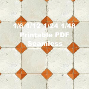 Azulejos de cerámica vintage blancos y naranjas sin costuras para casa de muñecas a escala 1/6, 1/12, 1/24 y 1/48. Miniaturas envejecidas para cocina y baño. PDF imprimible.