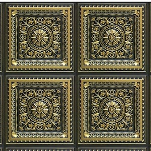 May include: Four black and gold decorative ceiling tiles with an ornate design. The tiles have a raised, textured pattern with a central circle and floral motifs.